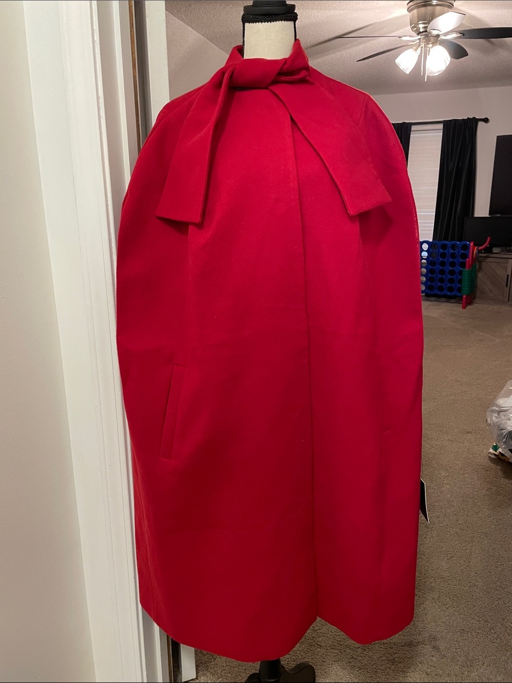 Eloquii Vibrant Red Wool Cape Coat with Bow Tie Neck